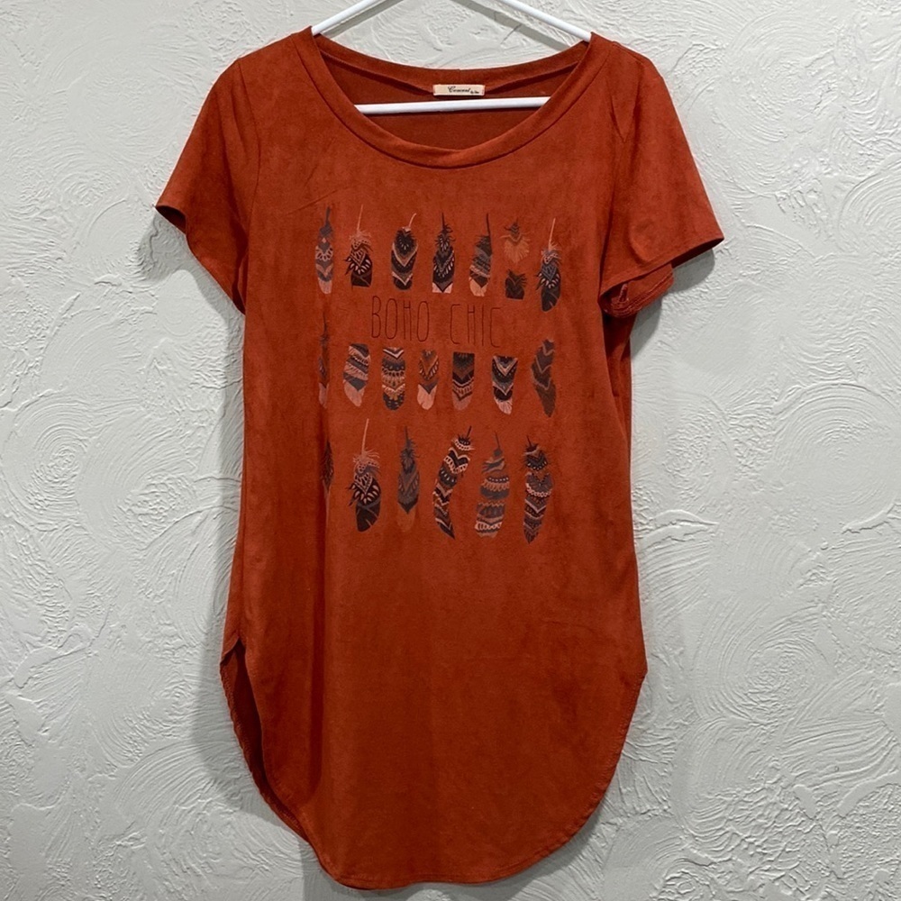 Faux suede rust orange boho chic short sleeve tunic size large